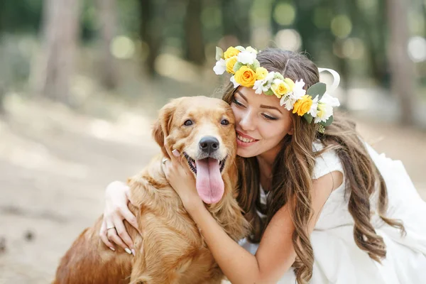 stock image bride with a dog in the park