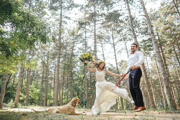 Bruidegom met de bruid en de hond — Stockfoto