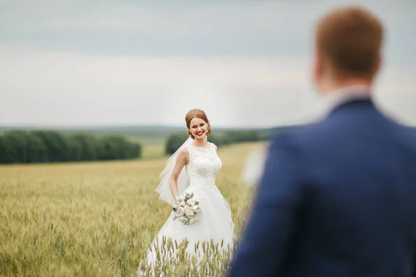 Bruid en bruidegom op een wandeling — Stockfoto