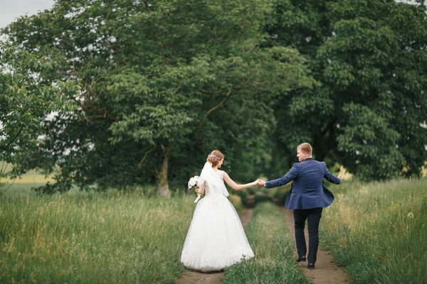 De bruid en de bruidegom lopen in het park — Stockfoto