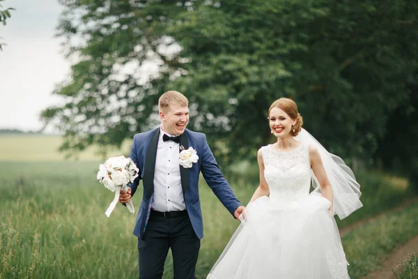Caminhar o noivo e a noiva no parque — Fotografia de Stock