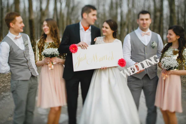Brudgummen med bruden och vänner — Stockfoto