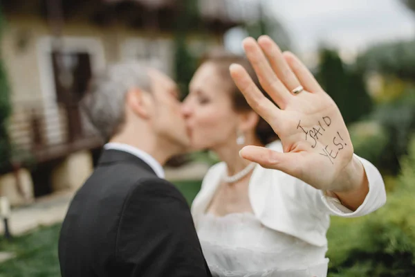 De bruid en bruidegom kus — Stockfoto