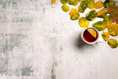 Sarı sonbahar yaprakları ile süslenmiş sıcak çay Fincan gri doku arka plan üzerinde bırakır. Düz yatıyordu