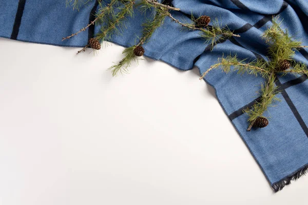 Winter cozy composition. Warm scarf with spruce branches, on a white background. Flat lay, top view, copy space.