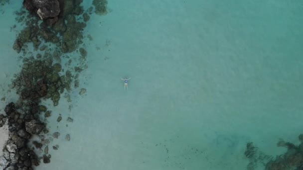 美丽的年轻女子在清澈的大海中 躺在水面上游泳 — 图库视频影像