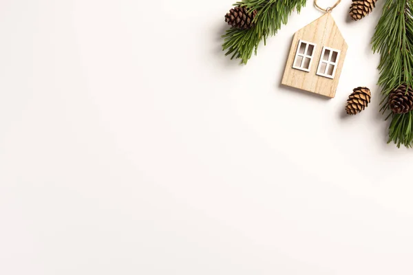 Minimal Konsep Natal Spruce Cabang Dengan Kerucut Pada Latar Belakang — Stok Foto