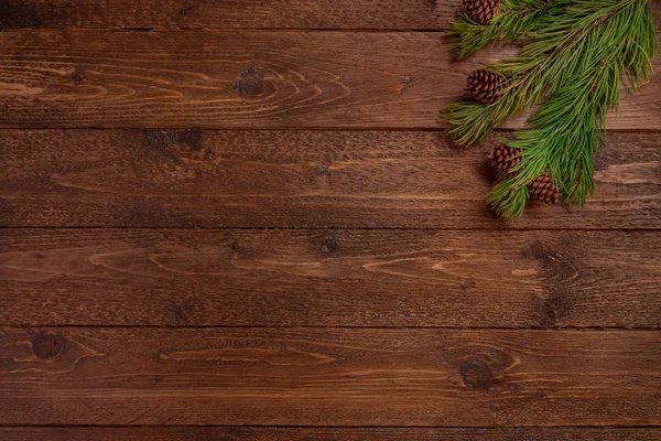 Мінімальна Різдвяна Композиція Ялинові Гілки Конусами Темному Дерев Яному Тлі — стокове фото