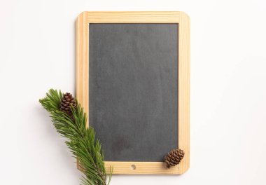 Beyaz arka planda ladin dalları ve boş karatahta. Düz konum, üst görünüm, kopyalama alanı.