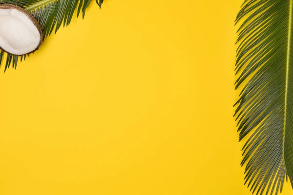 Пляжная Композиция Желтом Фоне Кокосовые Пальмовые Листья Желтом Фоне Вид — стоковое фото