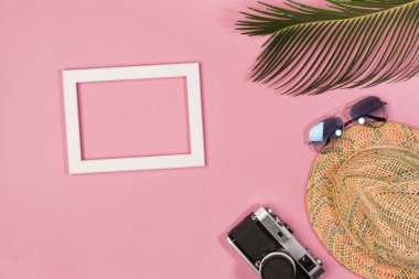 Travel vacation background concept. Sunglasses, hat, camera, palm leaves on pink background. Top view, copy space. Flat lay.