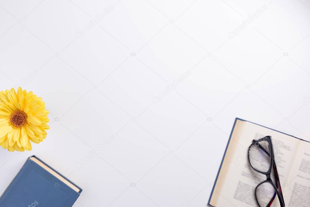 Workplace with books and glasses. Books and flower, isolated on white background. Flat lay, top view, copy space.