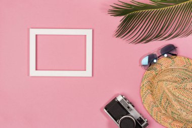 Travel vacation background concept. Sunglasses, hat, camera, palm leaves on pink background. Top view, copy space. Flat lay.