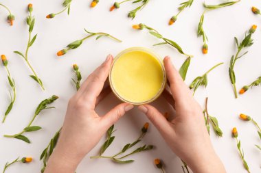 Beyaz arka planda krema kabı ve takvim çiçekleri olan kadın elleri. Düz yerde, üst tarafta. Organik kozmetik konsepti.