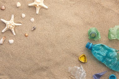 Sahilde deniz kabuklarının yakınında bir sürü çöp bulundu.