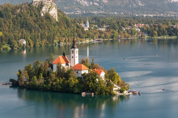 Morning View Famous Lake Bled Small Island Church Slovenia — Stock Photo, Image