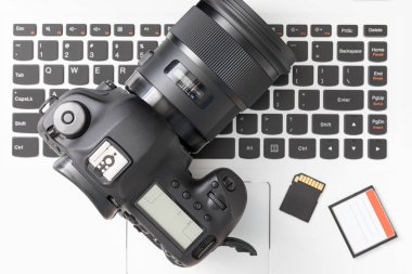 Modern digital DSLR camera and computer workstation. Photography and videography concept.