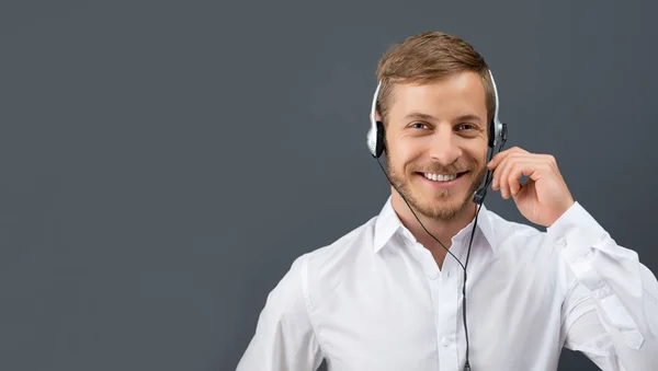 Call Center Worker Isolated Gray Background Smiling Customer Support Operator — Stok fotoğraf
