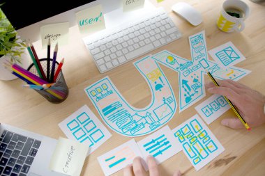 Ux Graphic designer creative sketch planning application process development prototype wireframe for web mobile phone . User experience concept. - Image 