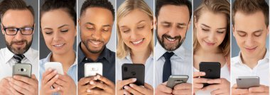 İş adamları cep telefonu kullanır. Yeni teknolojiler kavramı.