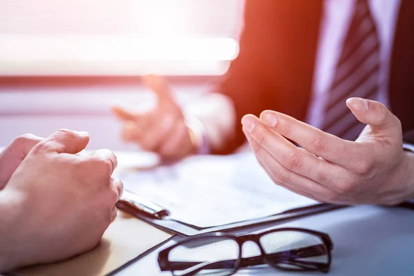 Business People Negotiating Contract Human Hands Working Documents Desk Signing — ストック写真