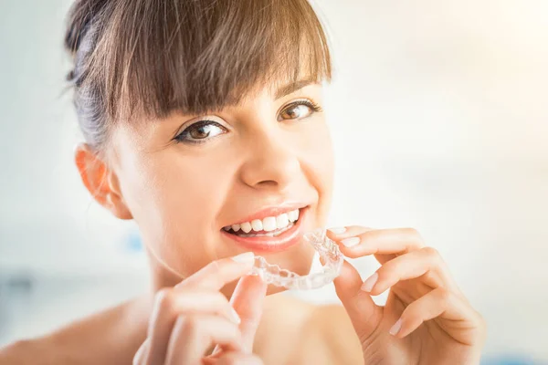 Woman Wearing Orthodontic Silicone Trainer Invisible Braces Aligner Mobile Orthodontic — Stock Photo, Image