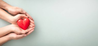 An adult, mother and child hold a red heart in their hands. Concept for charity, health insurance, love, international cardiology day.