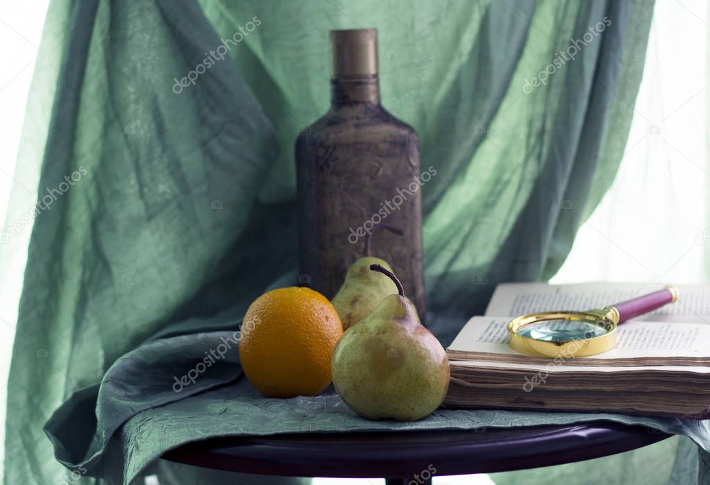 Still life with fruit and a book