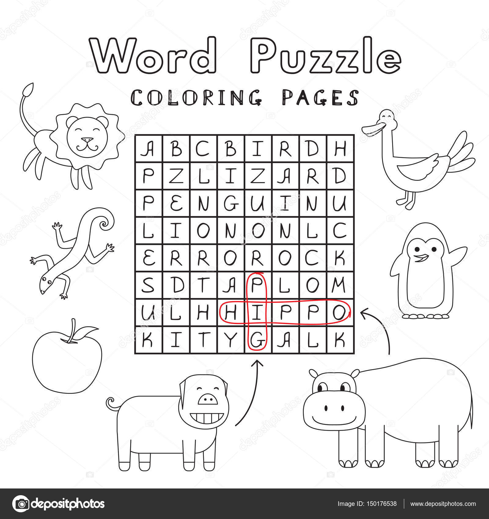 Grappige Dieren Kleurplaten Boek Woord Puzzel Stockvector