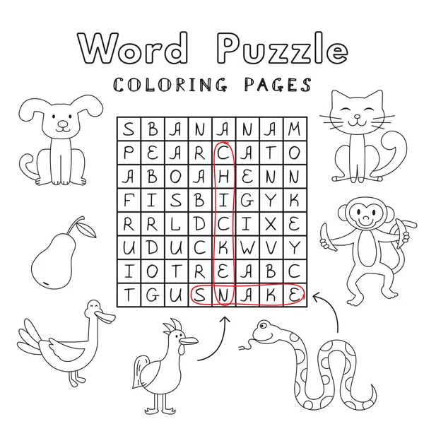 Engraçado animais colorir livro Palavra Puzzle —  Vetores de Stock