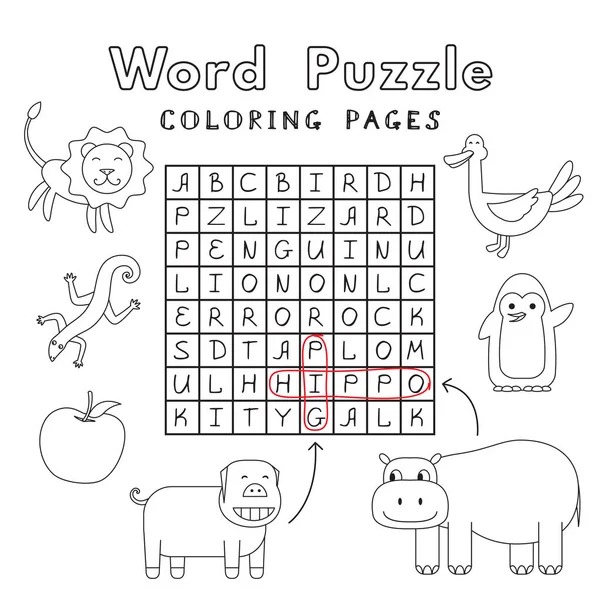 Komik hayvan boyama kitabı Puzzle Word — Stok Vektör