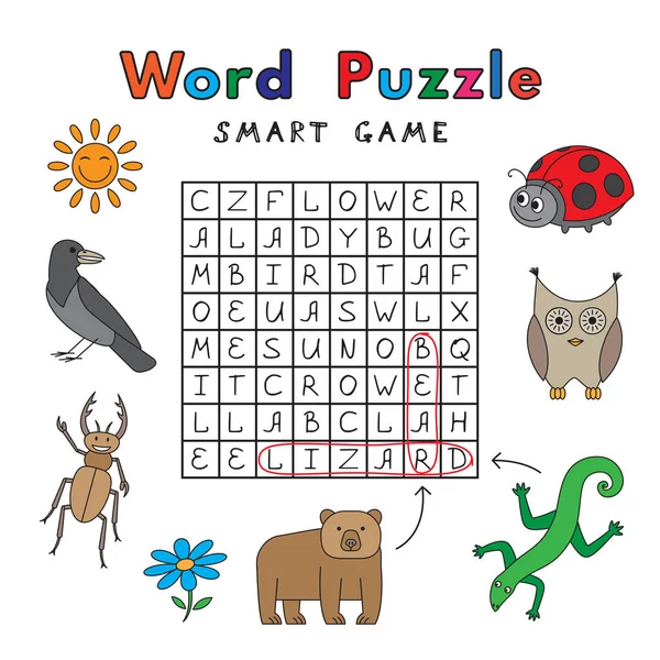 Funny Animals Word Puzzle Smart Game — Stock Vector