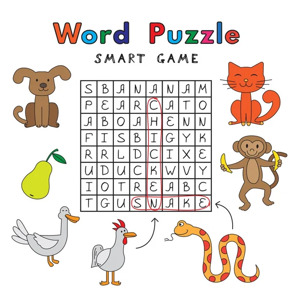 Engraçado animais Palavra Puzzle Jogo Inteligente — Vetor de Stock