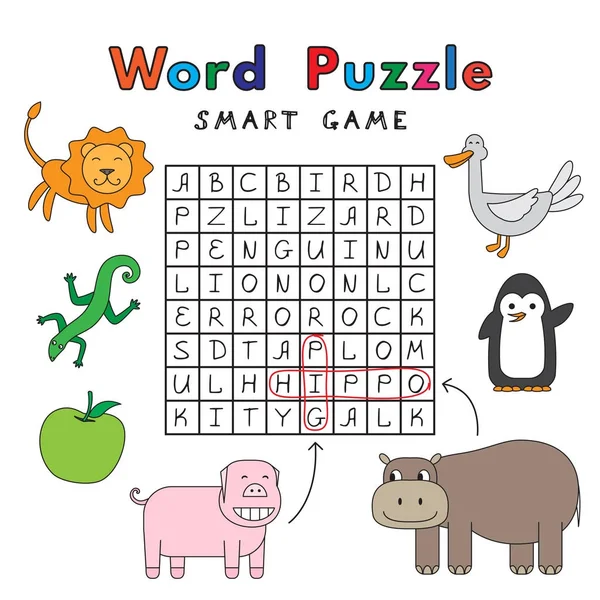 Funny Animals Word Puzzle Smart Game — Stock Vector