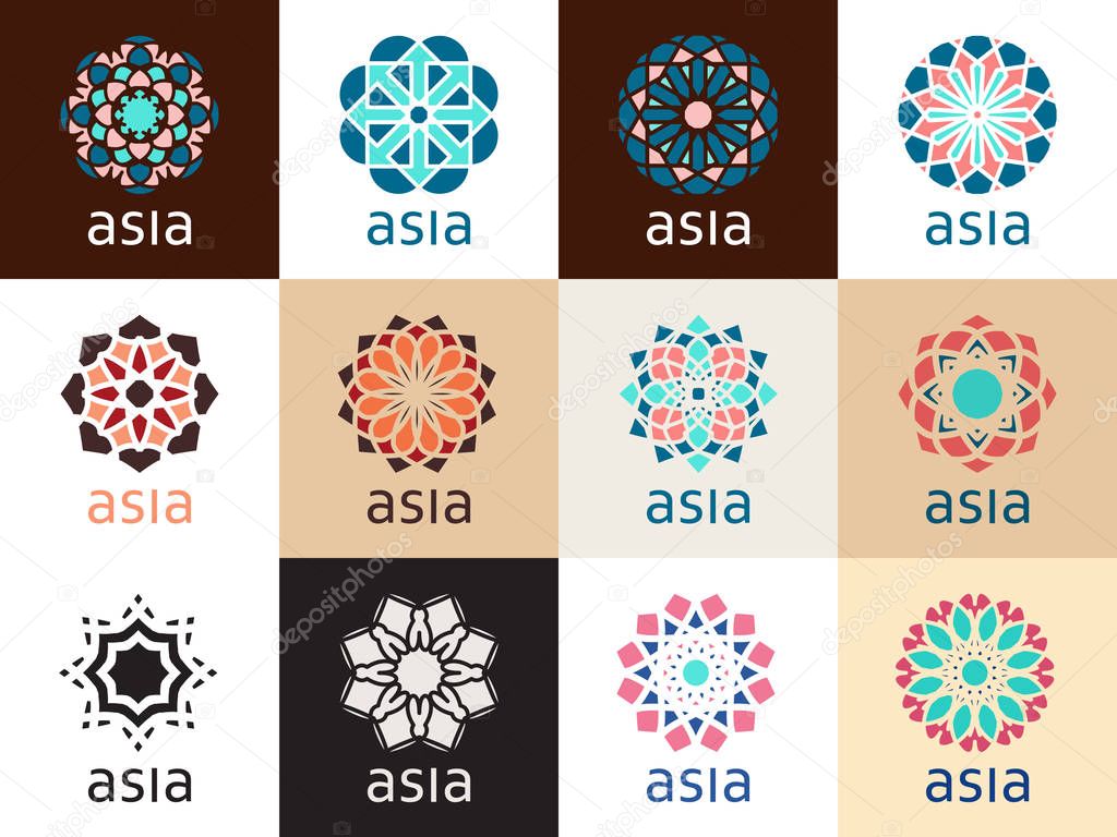 Geometric logo template set. Vector mosaic oriental ornamental symbols