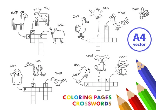 面白い動物のクロスワード パズルの本を着色 — ストックベクタ