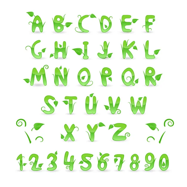 Зеленый цветочный алфавит и цифры — стоковый вектор