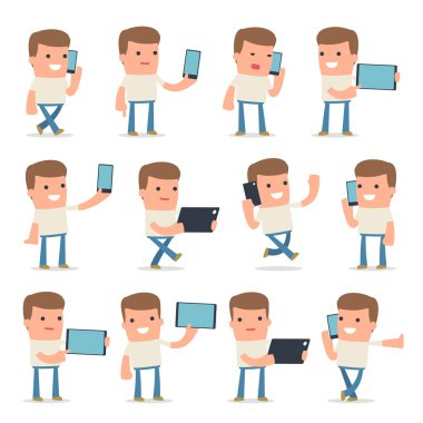 Akıllı ve Komik Karakter Müşteri cep telefonu tutan set