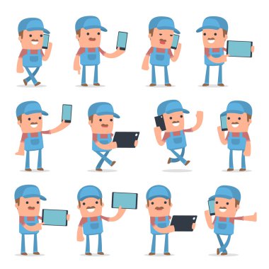 Cep telefonu tutan Akıllı ve Komik Karakter Teknisyeni Seti
