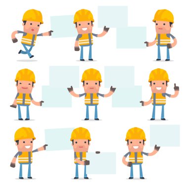 Komik ve neşeli karakter beceriksiz Builder kümesini tutar bir