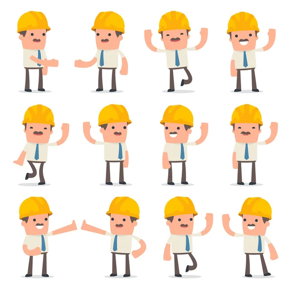 Set of Funny and Cheerful Character Foreman welcomes poses — Stock Vector