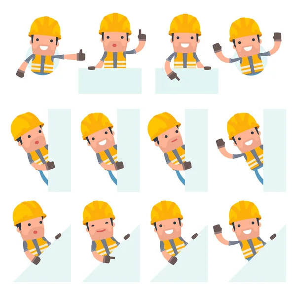Set of Funny and Cheerful Character Incompetent Builder holds an — Stock Vector