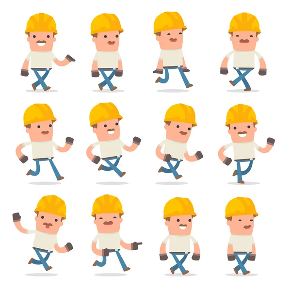 Set of Funny and Cheerful Character Handyman goes and runs poses — Stock Vector