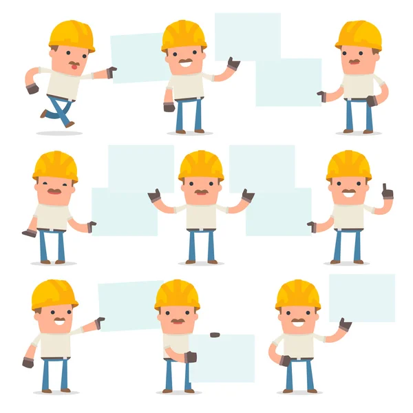 Set of Funny and Cheerful Character Handyman holds and interacts — Stock Vector