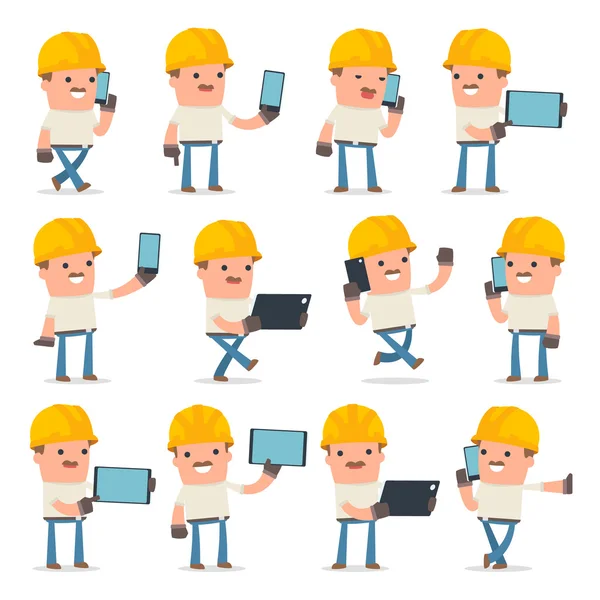 Set of Smart and Funny Character Handyman holding mobile phone — Stock Vector