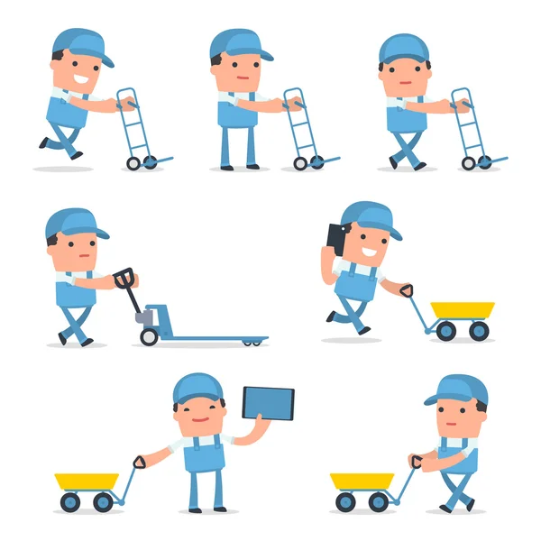 Set of Smart and Funny Character with cart, barrow, trolley for using in presentations, etc. — Stock Vector