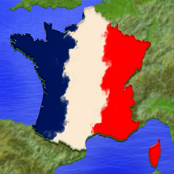 Mapa 3D de Francia pintado en los colores de la bandera francesa. Ilustración del pastel de jalea estilizado —  Fotos de Stock