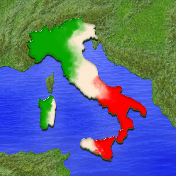 3D карта Италии, окрашенная в цвета итальянского флага. Иллюстрация стилизованного желейного пирога — стоковое фото