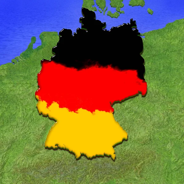 Carte 3D de l'Allemagne peinte aux couleurs du drapeau allemand. Illustration de tarte à la gelée stylisée — Photo