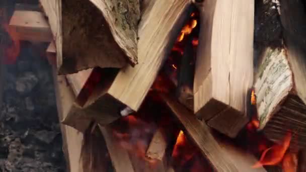 Open Fire Firewood Flames Smoke Closeup Natural Footage — Stock Video